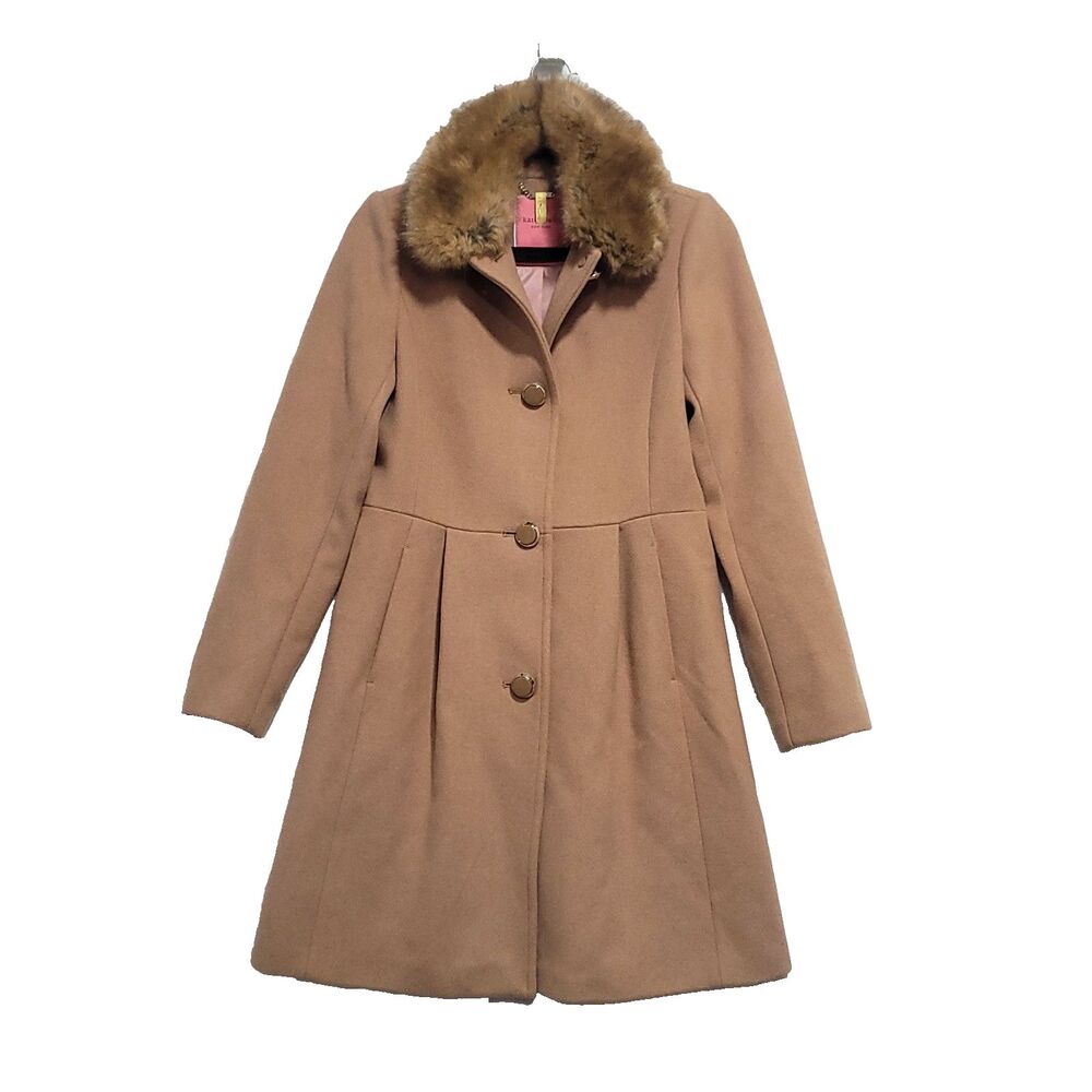 Faux Fur Wool Pea coat Kate Spade‎ XS Tan Pink Satin Lined Preppy mod chic